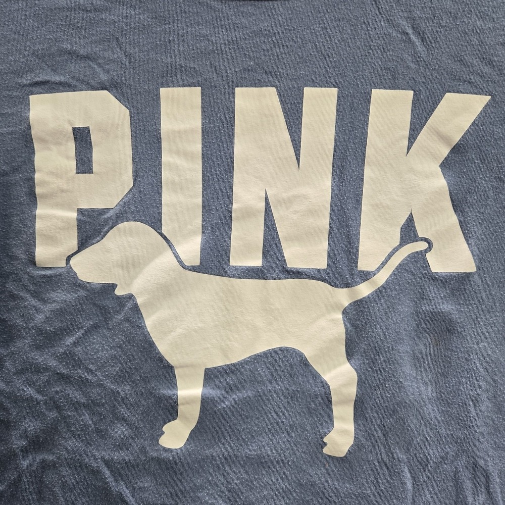 PINK Women Shirt L Blue Ringer Logo Campus Tee Crew Neck